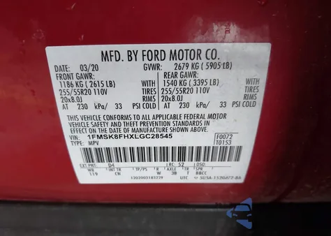 2020 Ford Explorer Limited z USA, uszkodzony, nr VIN 1FMSK8FHXLGC28545